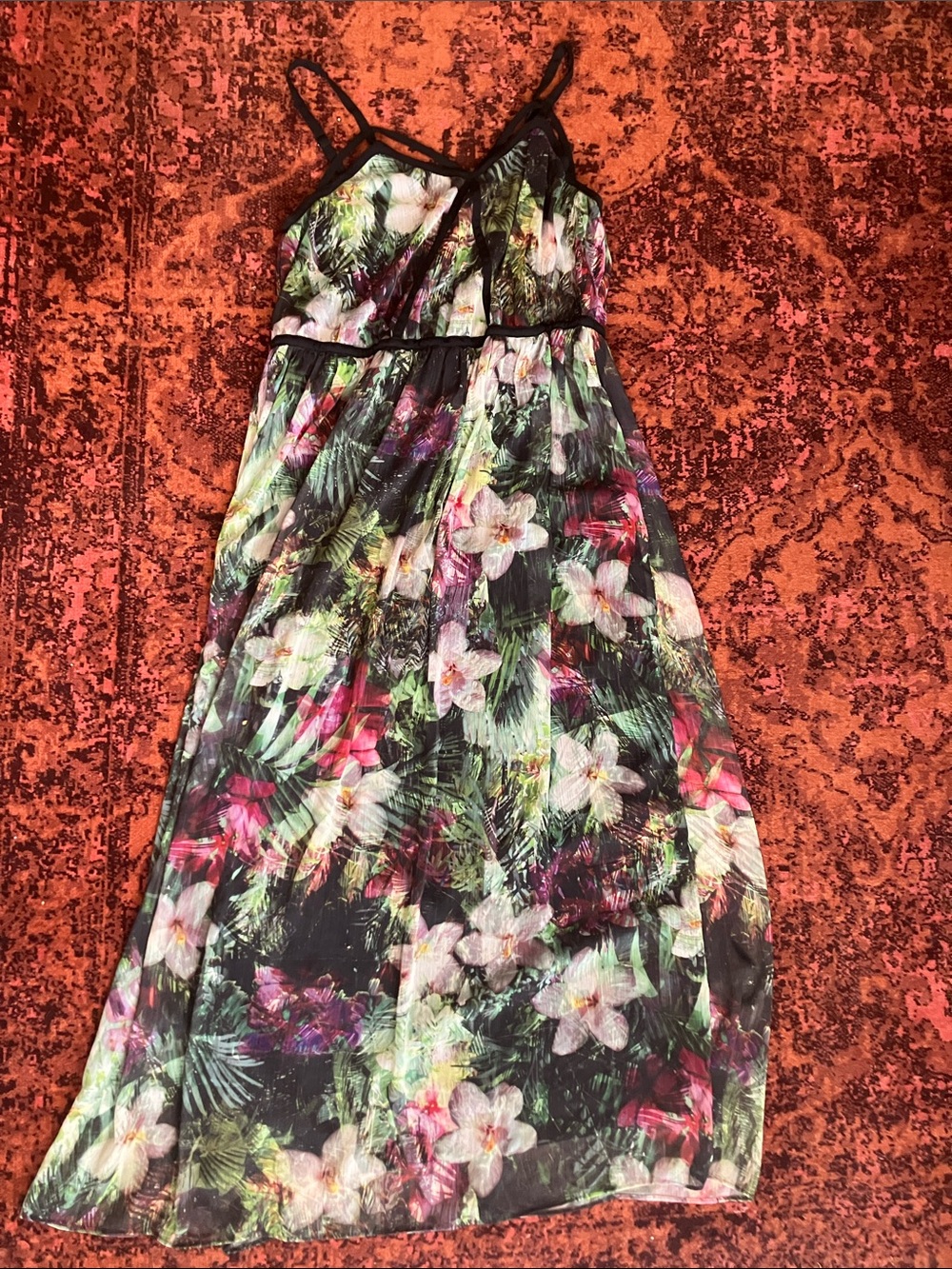 Lane Bryant Black Floral Maxi Dress with Green and Pink Accents
